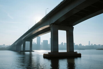 A bridge spanning over a river with city skyline in the background
