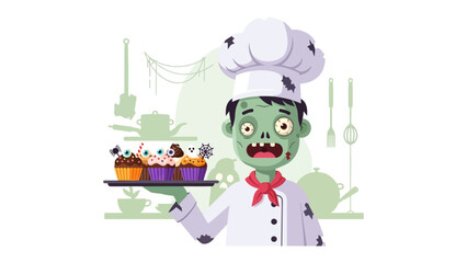 Zombie Chef's Spooky Treats: A unique cartoon depicts a zombie chef proudly presenting a tray of eerie Halloween cupcakes. It's a perfect image to enhance your spooky project