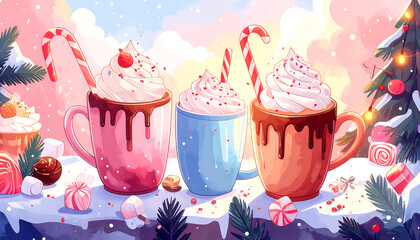 Pink mug blue mug chocolate drip whipped cream candy cane cozy