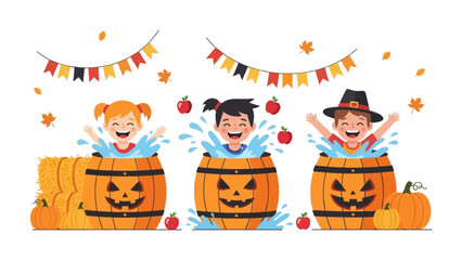 Playful splash: Joyful children enjoy a delightful Halloween-themed water barrel ride, laughing and splashing amidst festive decorations.