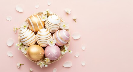 Easter Eggs in a Basket with Flowers.