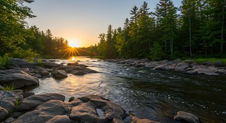 Golden Hour on the River: Sunburst Over Rocky Banks and Forest Canopy