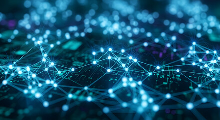Abstract digital network connections, blue glowing nodes, technology background