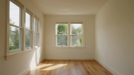 Fototapeta premium Bright and empty room with large windows and wooden floor