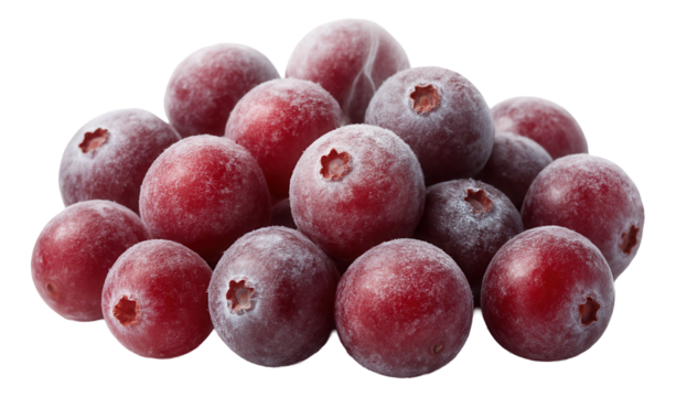 Frozen cranberries with a frosted surface and faint steam.