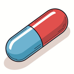 Illustration of a red and blue capsule, representing medication, healthcare, and pharmaceutical products for treatment and wellbeing in medical contexts