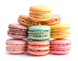 A colorful pyramid of delicious macarons, stacked against each other, showcasing a delightful dessert experience. These French confectioneries offer a symphony of colors and flavors.