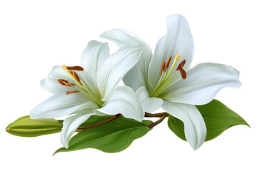 Obraz premium Two White Lilies with Green Leaves on Transparent Background