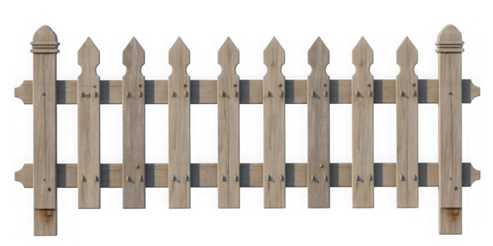 Old wooden fence isolated white and transparent background