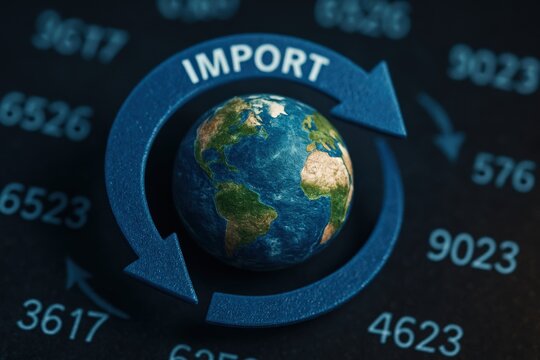 import rate concept. Globe with import symbol on a digital background.