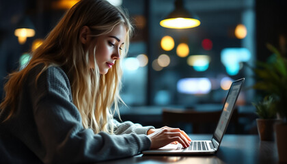 Young Woman Working on Laptop in Cozy Cafe at Night