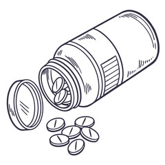 Vector art of pills spilling from a bottle, a simple and clean illustration for medical, pharmaceutical, or healthrelated designs and projects