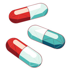 Vector art of three capsules, a simple illustration of medicine, healthcare, and prescription drugs for health and wellness themes, promoting health and wellbeing