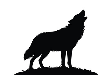Silhouette of a wolf howling at the moon on a grassy hill