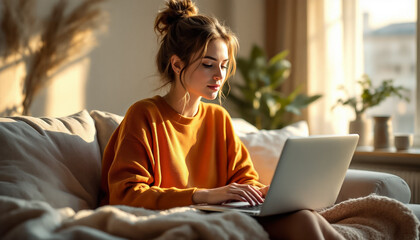 Young Woman Working on Laptop in Sunlit Room