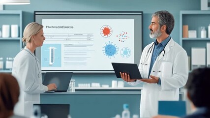Medical professionals conducting a presentation on virus data in a modern laboratory setting - Powered by Adobe
