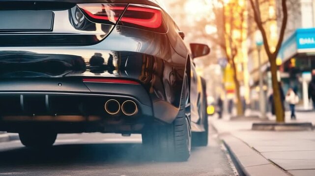 Modern Car on the Road: The image showcases a sleek black car on a city street, with focus on tail lights and exhaust. Capturing motion, speed and urban lifestyle.