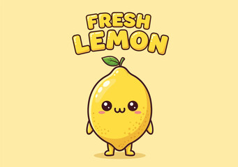 Adorable fresh lemon with a cute face and leaf, a funny fruit character vector design on a yellow background