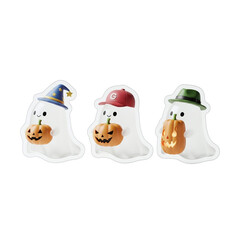 Cute ghost characters in costumes holding pumpkins