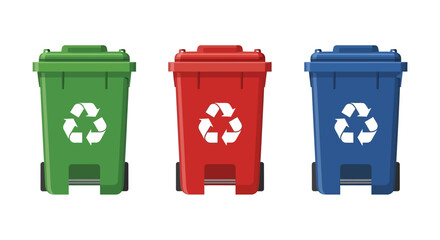 A set of three colorful recycling containers for waste management. Green, red, and blue bins for garbage sorting, vector illustration