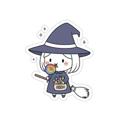 Cute witch eating a rainbow lollipop