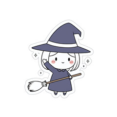 Happy witch waving and holding a broom