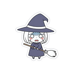 Scared witch sweating holding a broomstick