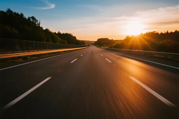 Naklejka premium Sunset view of an empty highway with trees on both sides