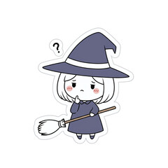 Pensive witch holding a broomstick with a question