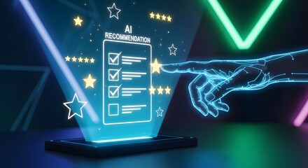A glowing smartphone displays an AI recommendation list with checkboxes, a digital hand interacts with the screen, surrounded by neon lights and star icons.
