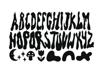 Psychedelic Wavy Display Font with Decorative Icons. Groovy Uppercase Letters and Abstract Elements for Retro Posters, Festival Graphics, Apparel Prints, Music Artwork, and Funky Creative Typography 