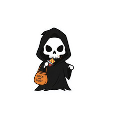 Grim reaper trick-or-treating with a candy bag