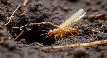 Close-up of a winged termite alate emerging from a nest hole in moist soil, signifying reproductive activity and the start of a new colony formation, highlighting an ecological event