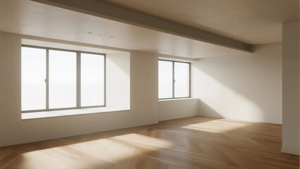 Empty room with large windows and wooden flooring