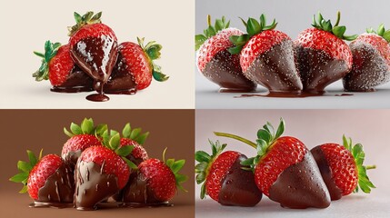 Chocolate dipped strawberries shown with different backgrounds, lighting, & presentations