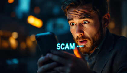 Shocked Man Reading Scam Message on Smartphone at Night