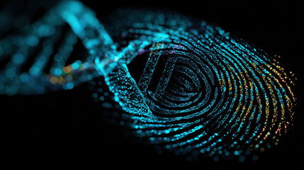 Vibrant representation of DNA structure intertwined with fingerprint, showcasing unique database system for genetic identification and analysis