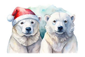 Obraz premium Watercolor Polar Bear in Santa Hat Christmas vector illustration 