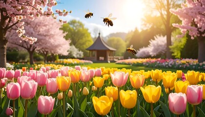 Spring blossoms and bees in a garden