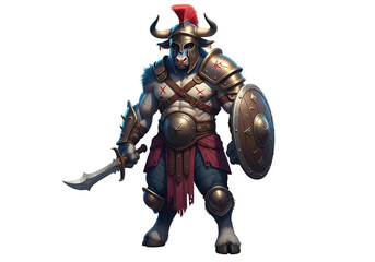 A powerful mythical bull warrior, armored in bronze, stands ready with sword and shield, showcasing detailed artistic design.