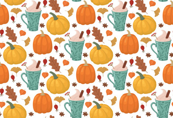 Seamless autumn pattern with spice latte, pumpkins and leaves. Cozy fall background with seasonal drink and vegetables
