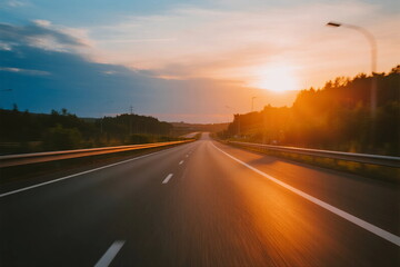 Sunset view of an empty highway with golden light