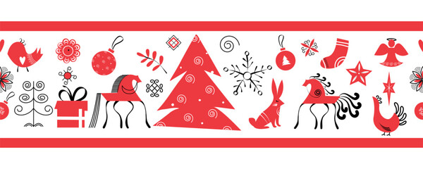 Christmas seamless ornament in folk style on white background. Mezen painting. Christmas graphic elements collection in scandinavian style