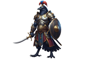 Naklejka premium A regal crow warrior, clad in ornate armor, wields a dagger and shield, showcasing detailed design and vibrant hues against a stark backdrop.