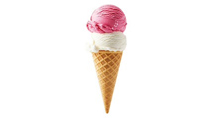 Double scoop ice cream cone with strawberry and vanilla isolated PNG with Transparent Background