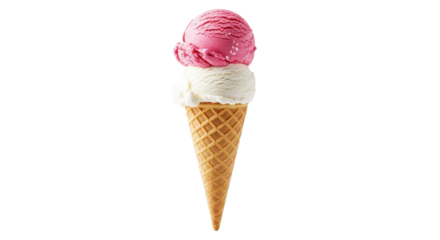 Double scoop ice cream cone with strawberry and vanilla isolated PNG with Transparent Background