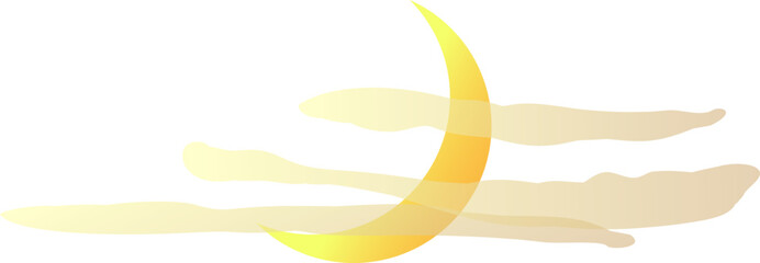 Crescent moon in a yellow-gold gradient, partially hidden by soft, light clouds. Ethereal isolated design, perfect for Halloween or night themed projects.