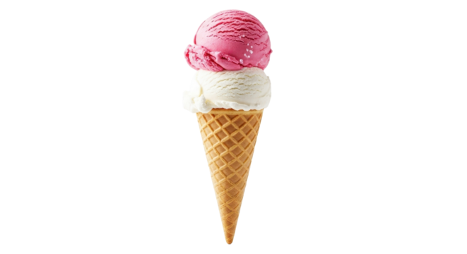Double scoop ice cream cone with strawberry and vanilla isolated PNG with Transparent Background