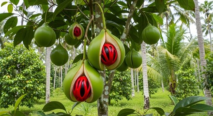Close-up of ripe nutmeg fruit splitting open to reveal the bright red aril of mace on a lush, tropical tree in a plantation