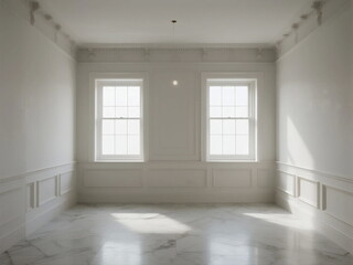 An empty room with white walls and two large windows